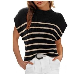 Dokotoo - Black Sweater Top with Cream Stripes NWT Size Large Knitted top‎